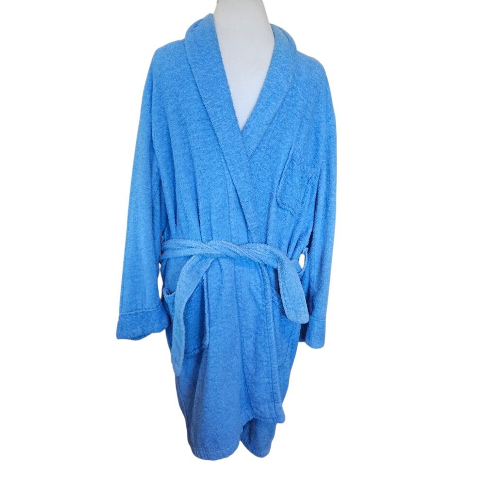 VTG 70s Mens Blue Terrycloth Smoking Robe 3 Pockets Sz M Cotton Holds Cigarettes